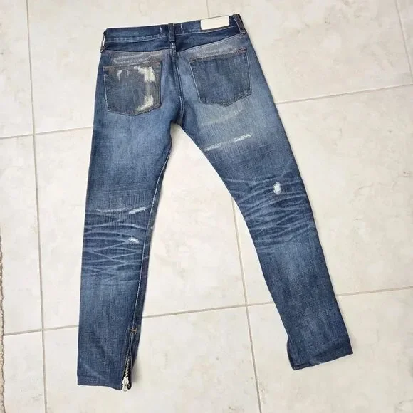 FOG Fear of God Mens Essentials Blue Jeans Size 28 Blue Distressed Patch Work - Picture 7 of 9